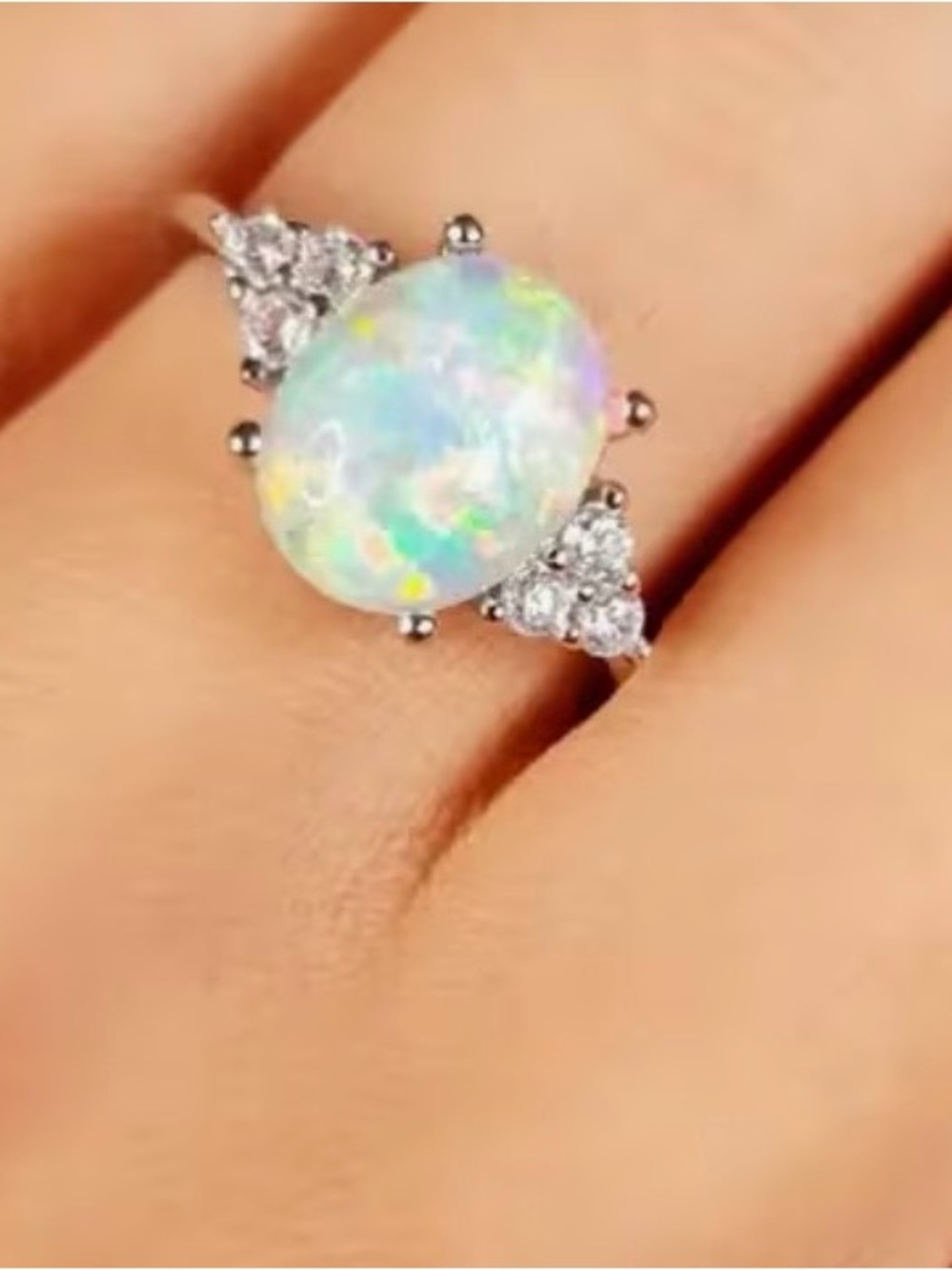 Iridescent White Opal & Crystal Ring Size 8 - Picture 2 of 3